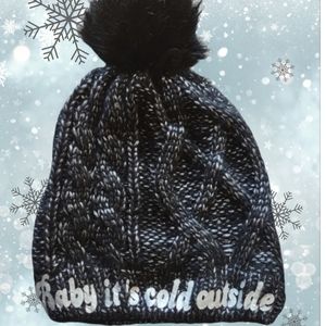 BABY ITS COLD OUTSIDE Winter Fall snow knit hat cap beanie.. Blk/gray pom